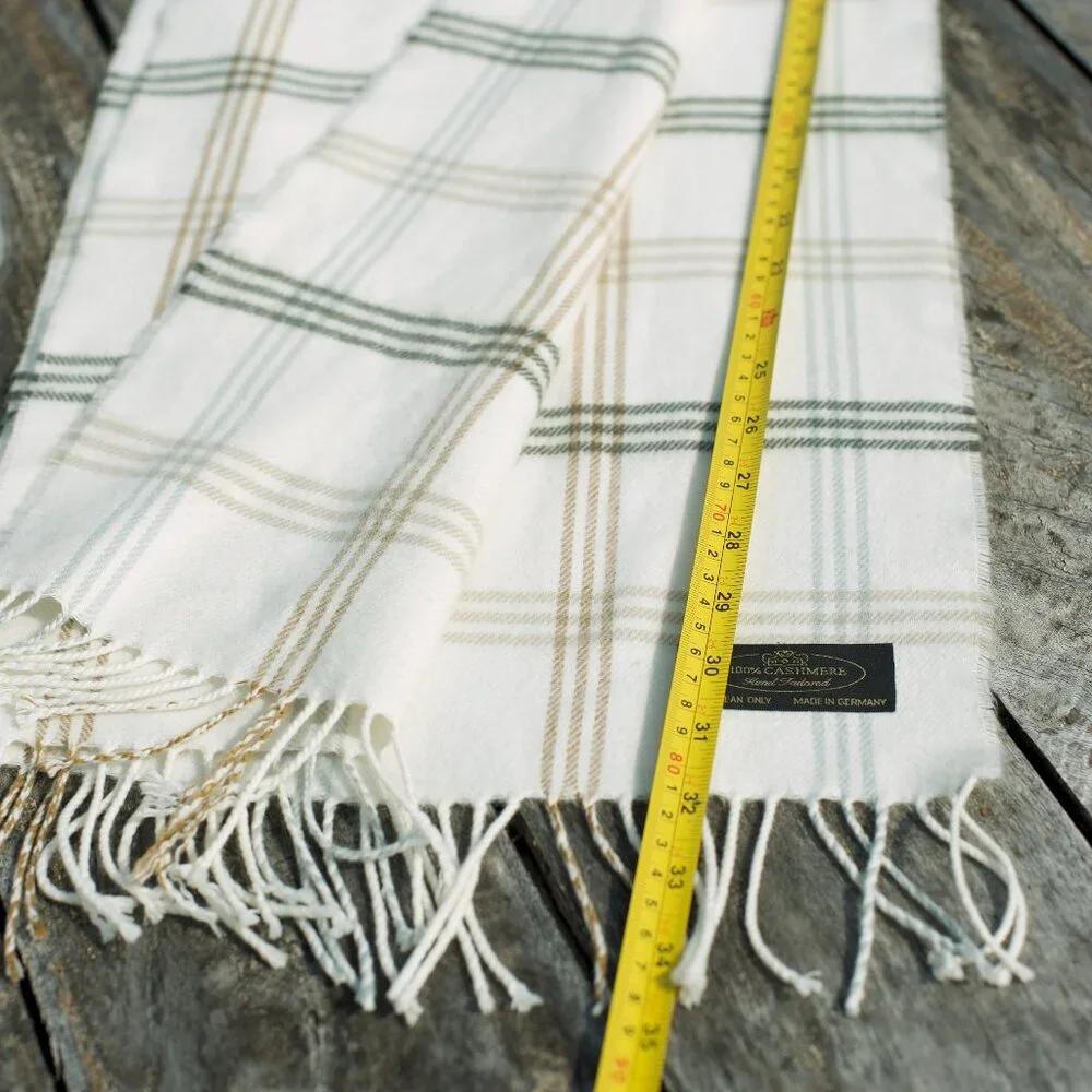 100% CASHMERE European Fringed Plaid Cream Scarf